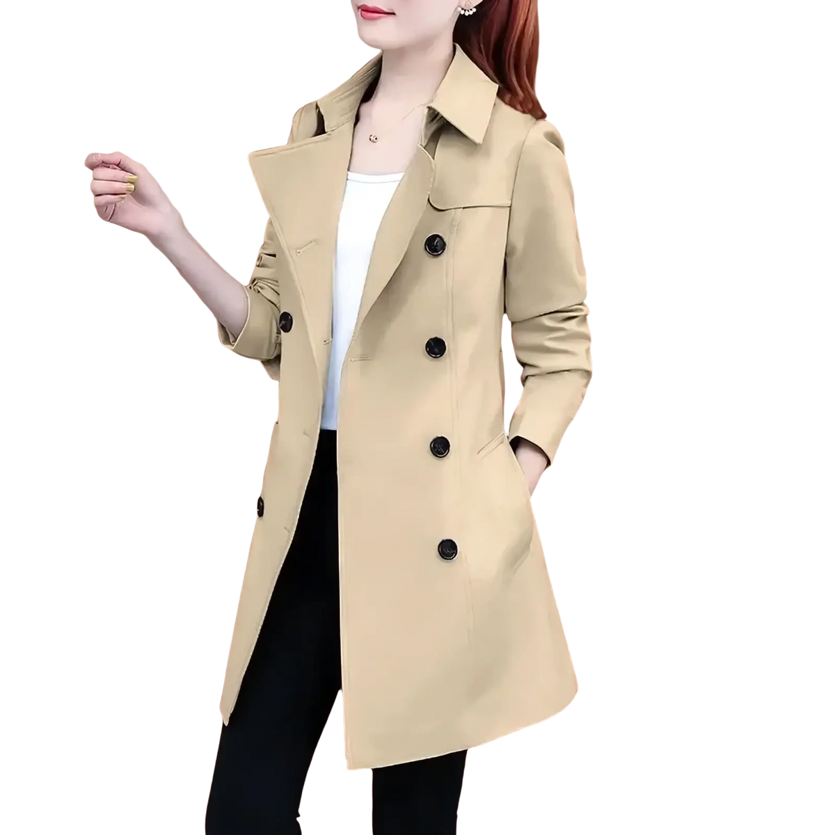 Beige midi length trench coat with black buttons and classic double breasted design for women