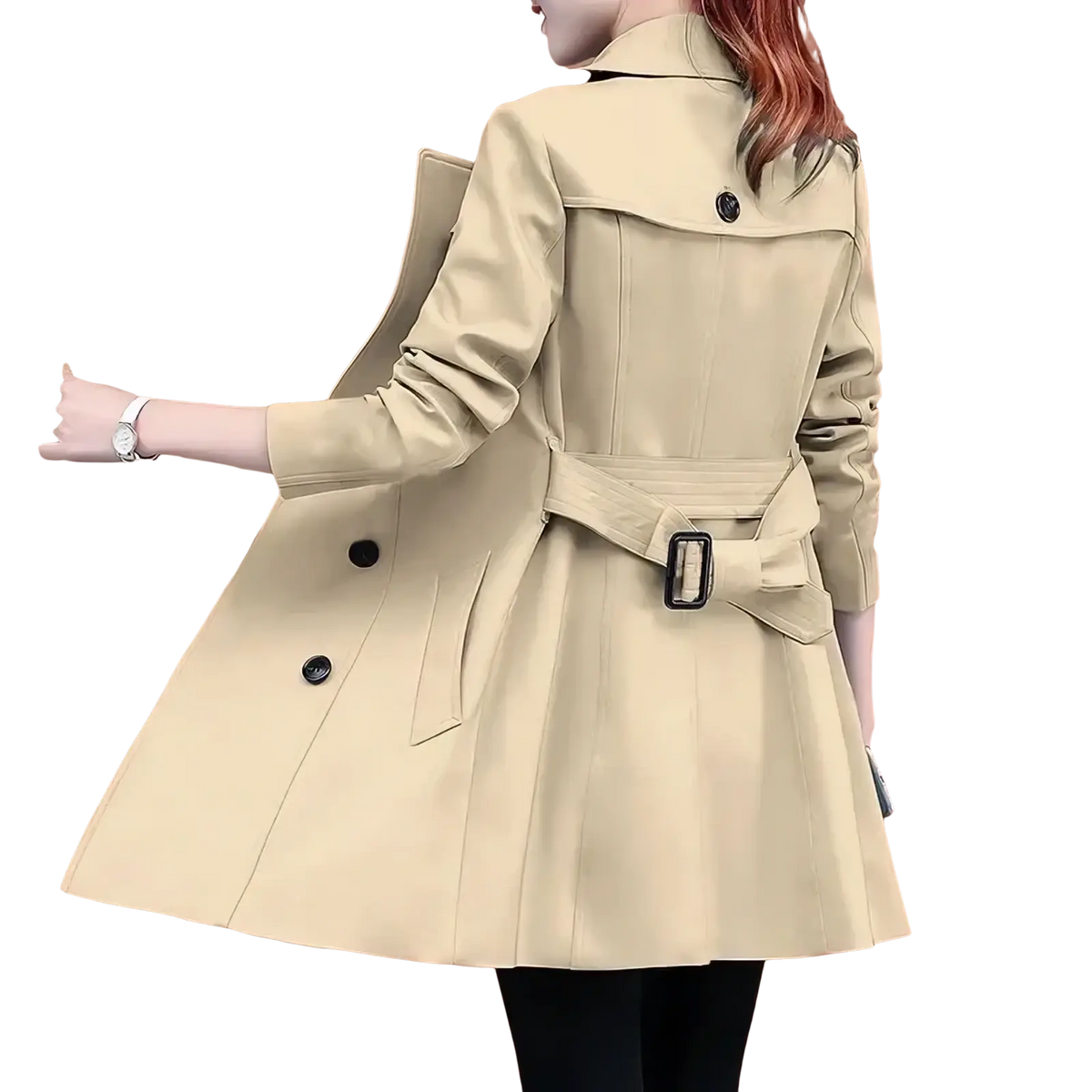 Beige midi length double breasted trench coat for women with black buttons and matching belt with rectangular buckle
