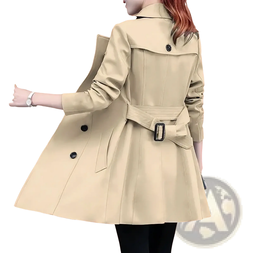 Beige trench coat midi length double breasted women with black buttons and matching belt featuring rectangular buckle
