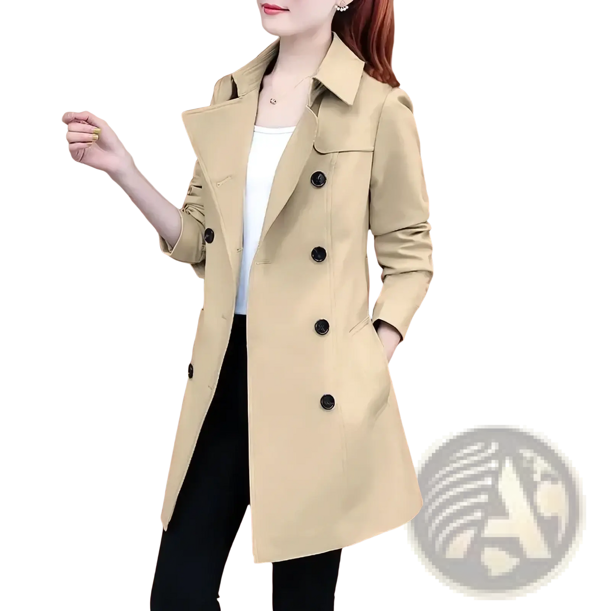 Beige midi length trench coat with black buttons and classic double breasted design for women