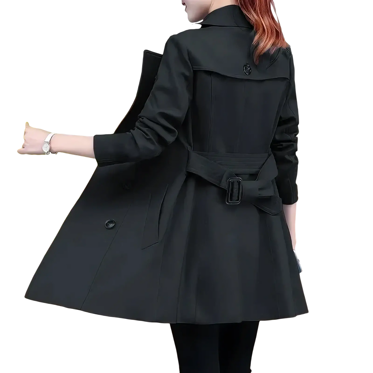 Black midi length trench coat for women featuring a belted waist and double breasted buttoned front design