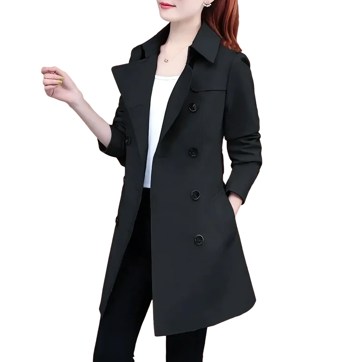 Black midi length double breasted trench coat with classic collar and buttoned cuffs for women