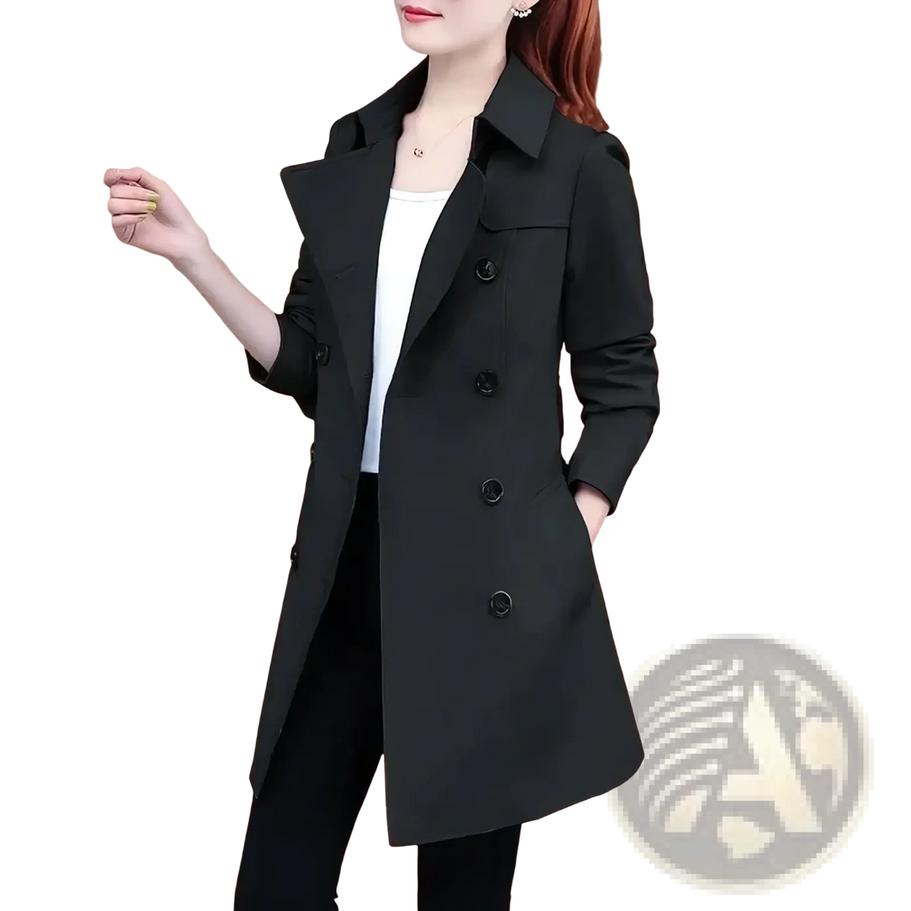 Black midi length double breasted trench coat with classic collar and buttoned cuffs for women