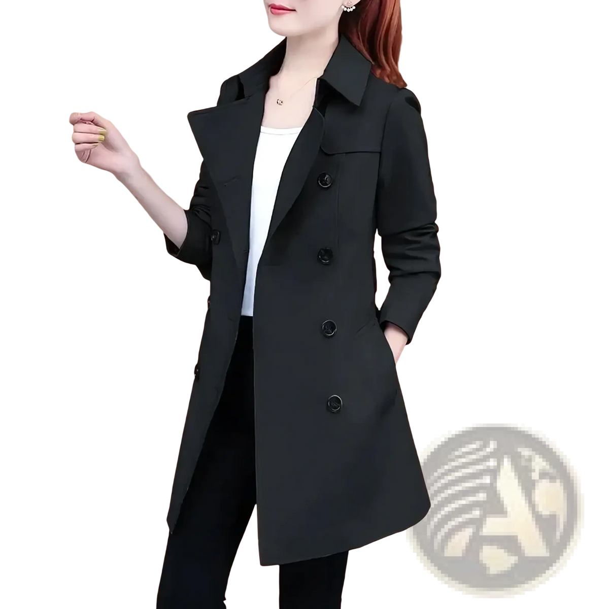Black midi length double breasted trench coat with classic collar and buttoned cuffs for women