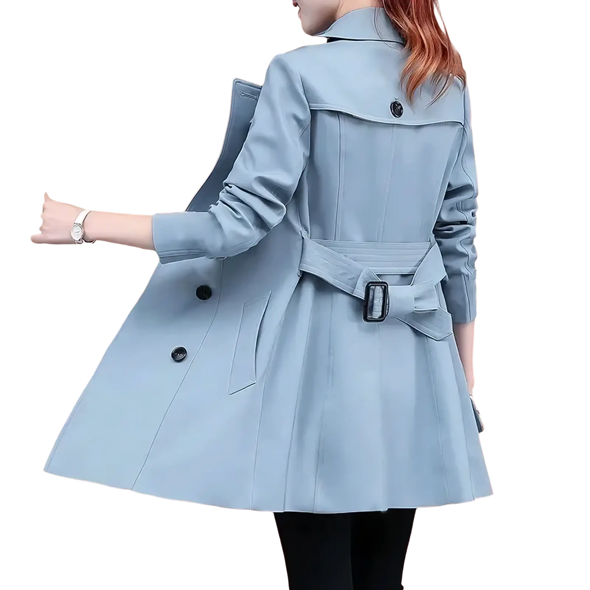 Light blue midi length trench coat for women with black buttons and matching belt with silver toned buckle