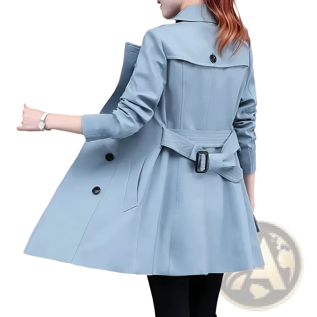Light blue midi length trench coat for women with black buttons and matching belt with silver toned buckle