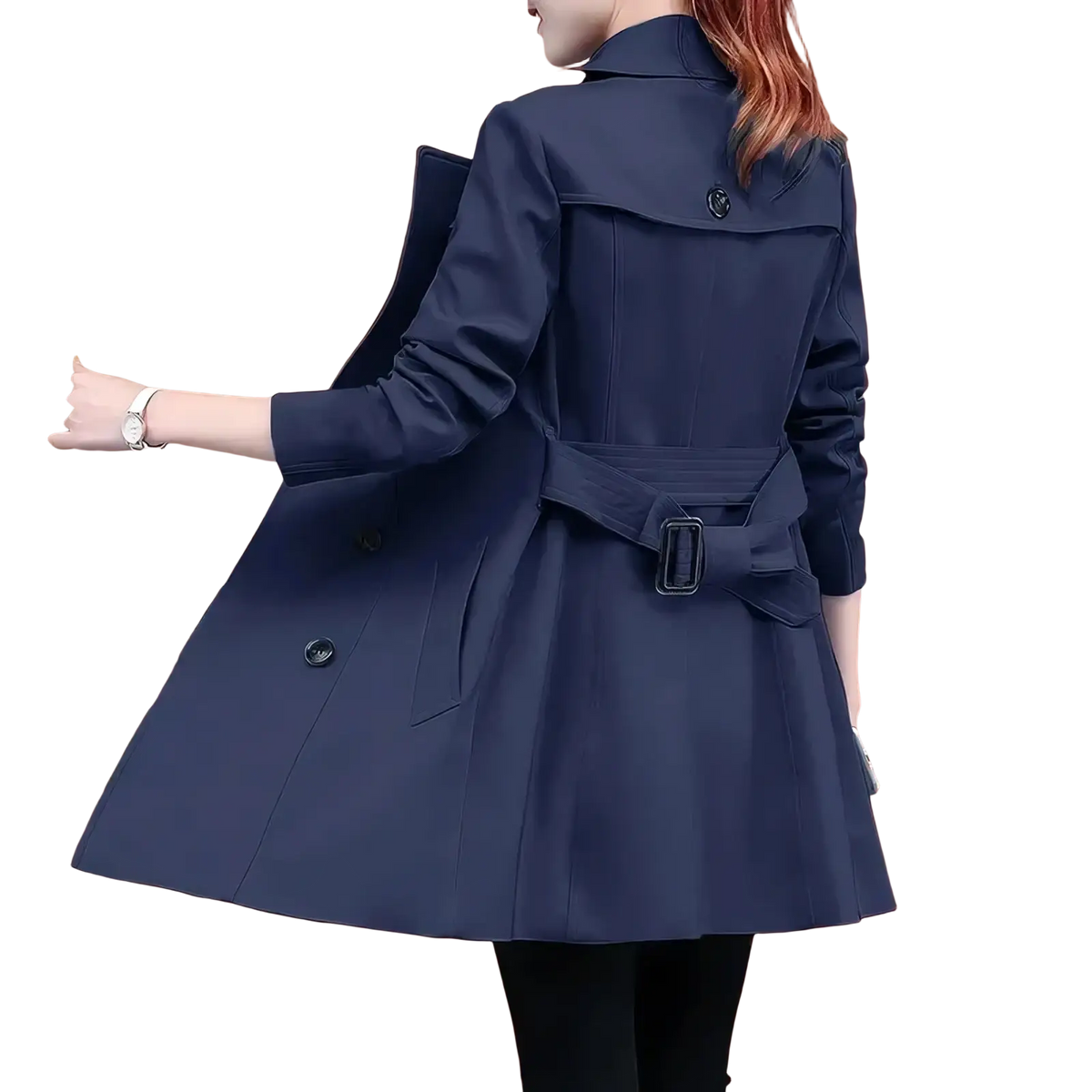 Navy blue midi length trench coat for women with belted waist and classic double breasted design