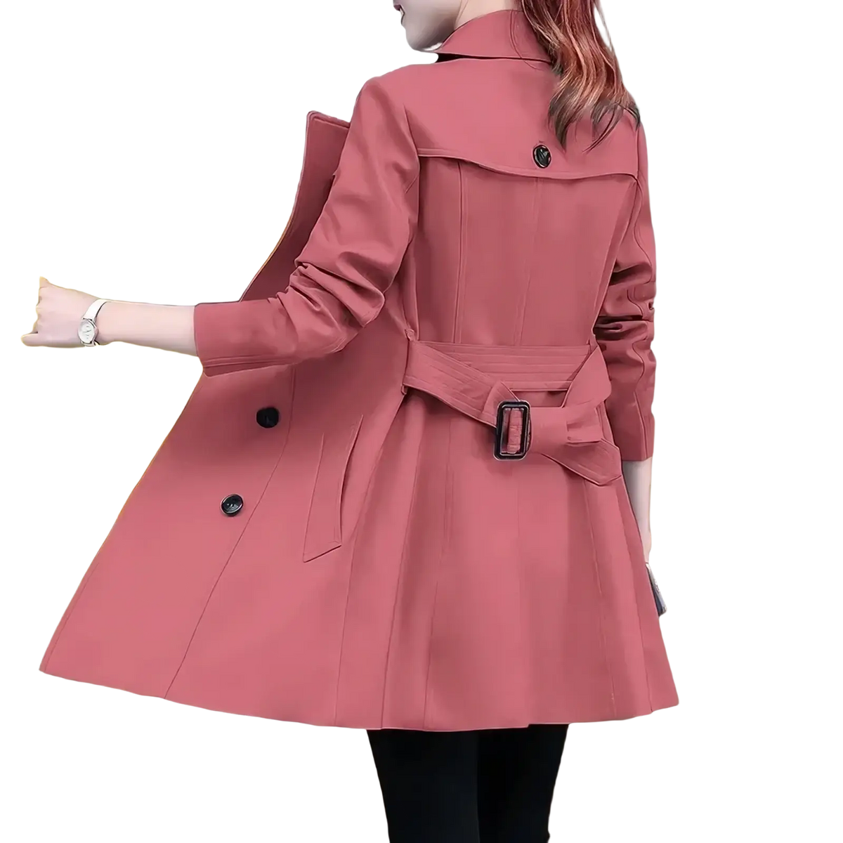 Pink midi length trench coat for women with black buttons and matching belt with silver toned buckle