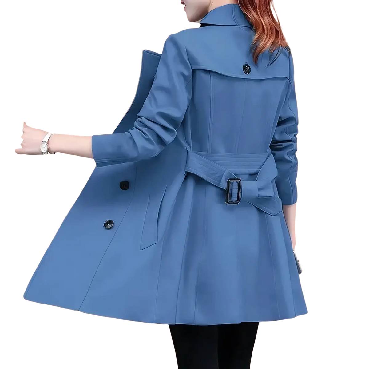 A stylish blue midi trench coat for women with belted waist and classic double-breasted design