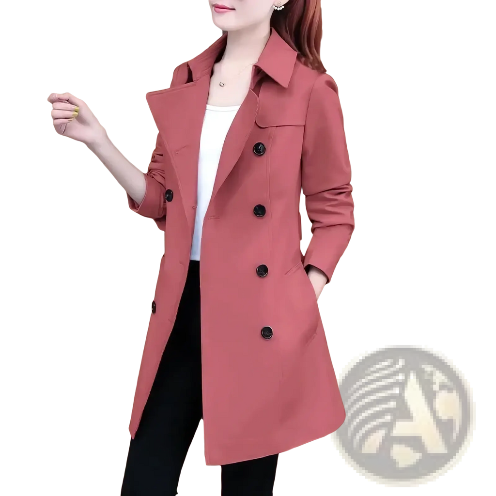 A stylish rose-colored midi trench coat for women with black buttons and a classic double-breasted design