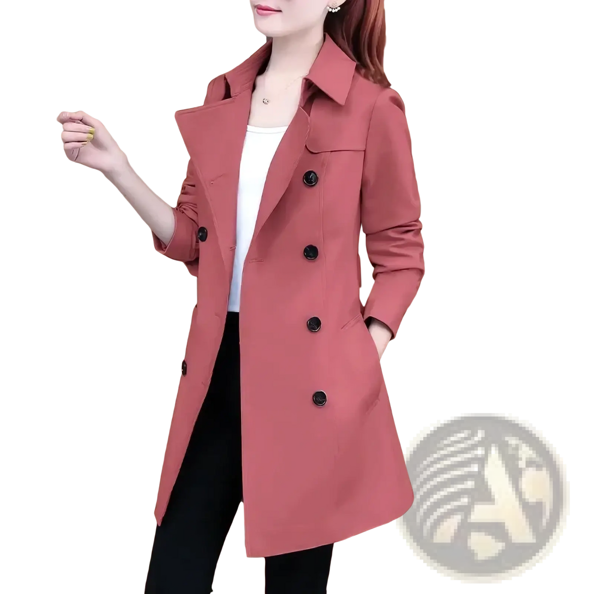 A stylish rose-colored midi trench coat for women with black buttons and a classic double-breasted design