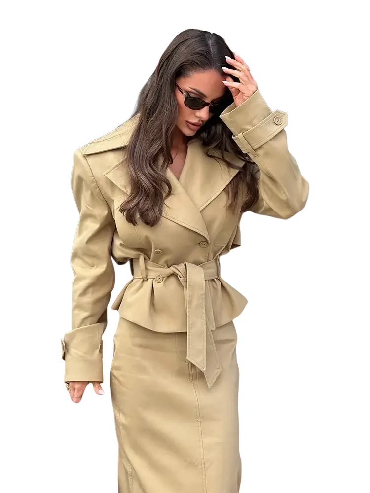 Beige trench co-ord skirt set with belted waist and peplum detail in a tailored lightweight fabric