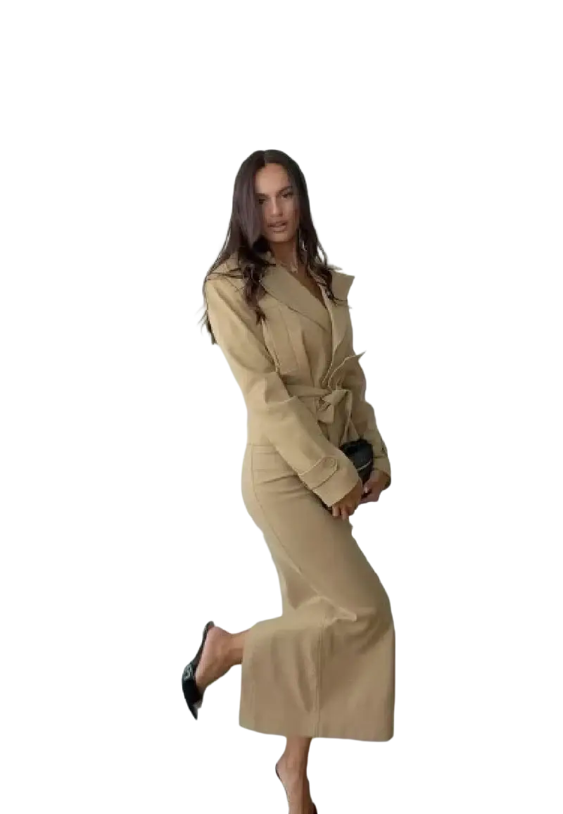Beige trench coat with a belted waist and long sleeves from the trench co-ord skirt set, front view