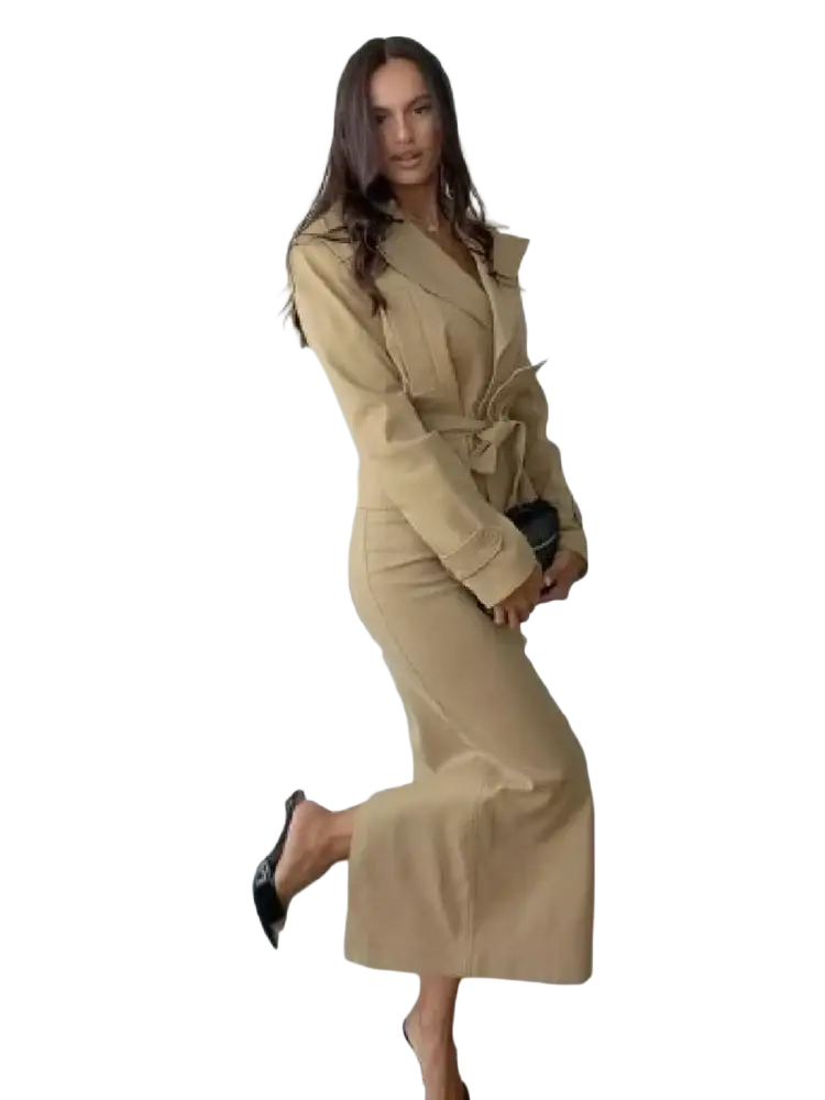 Beige trench coat with a belted waist and long sleeves from the trench co-ord skirt set for stylish layering