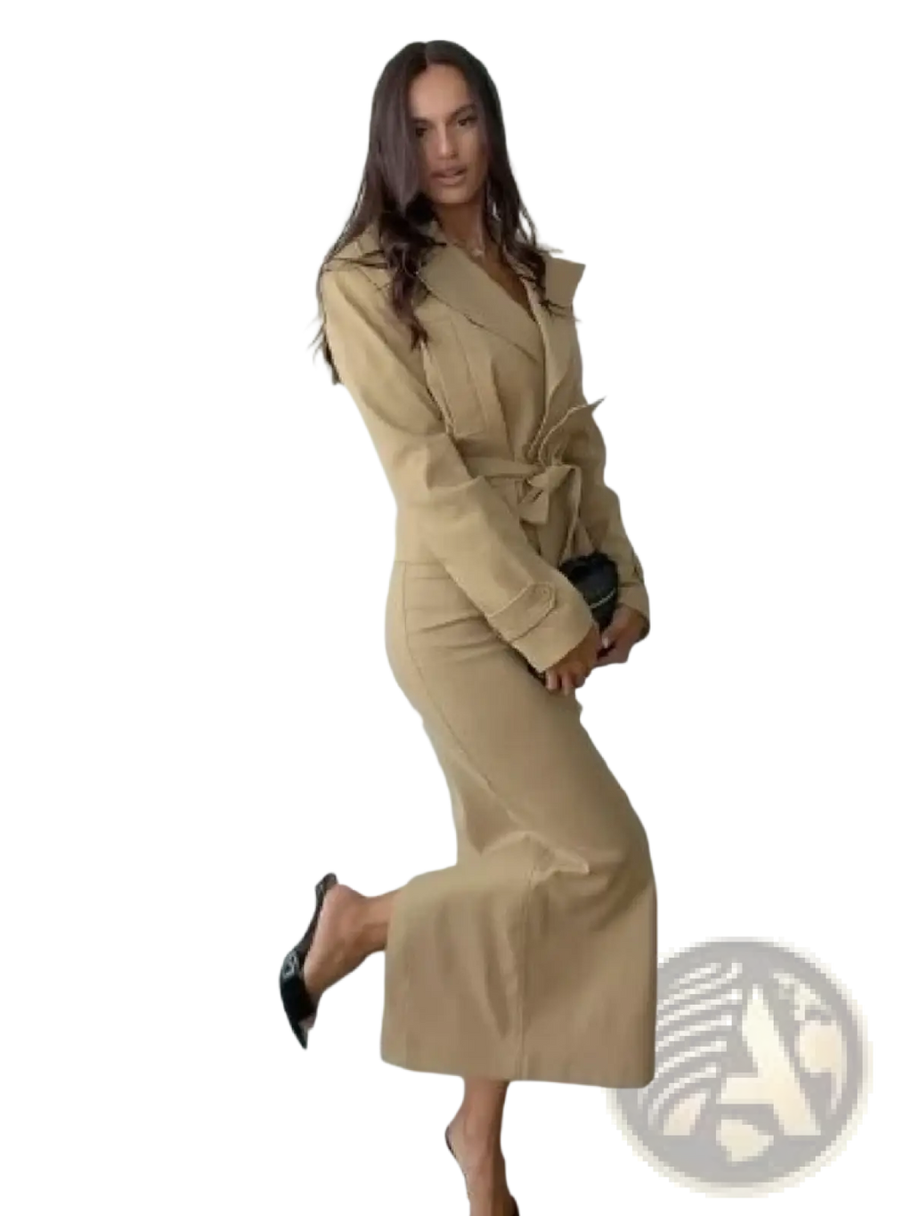 Beige trench coat with a belted waist and long sleeves from the trench co-ord skirt set for stylish layering