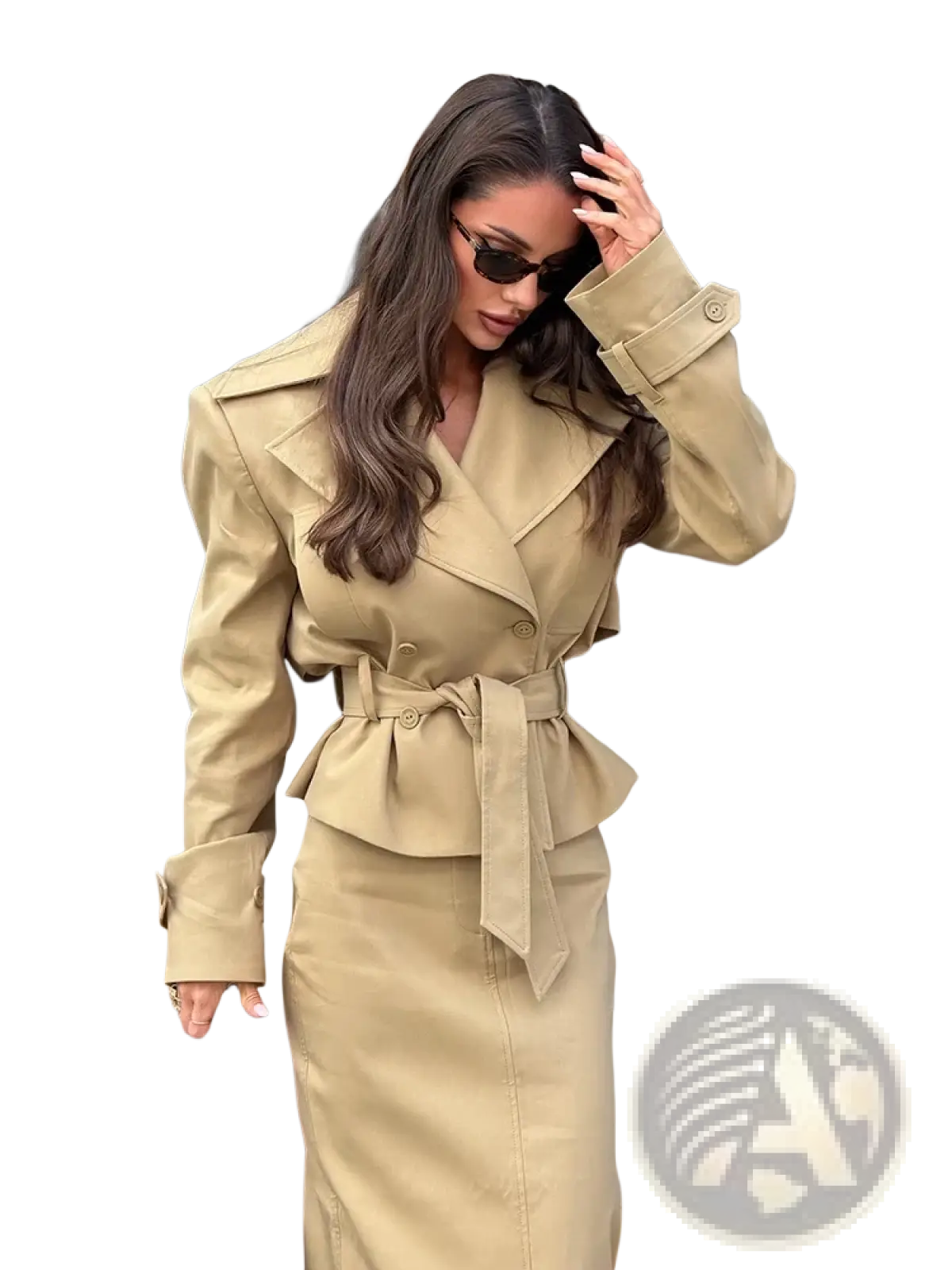 Beige trench co-ord skirt set with belted waist and peplum detail in a tailored lightweight fabric