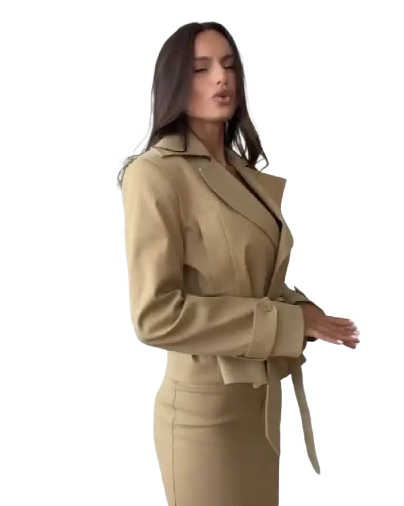 Beige tailored blazer with belted waist and structured shoulders from trench co-ord skirt set in soft fabric