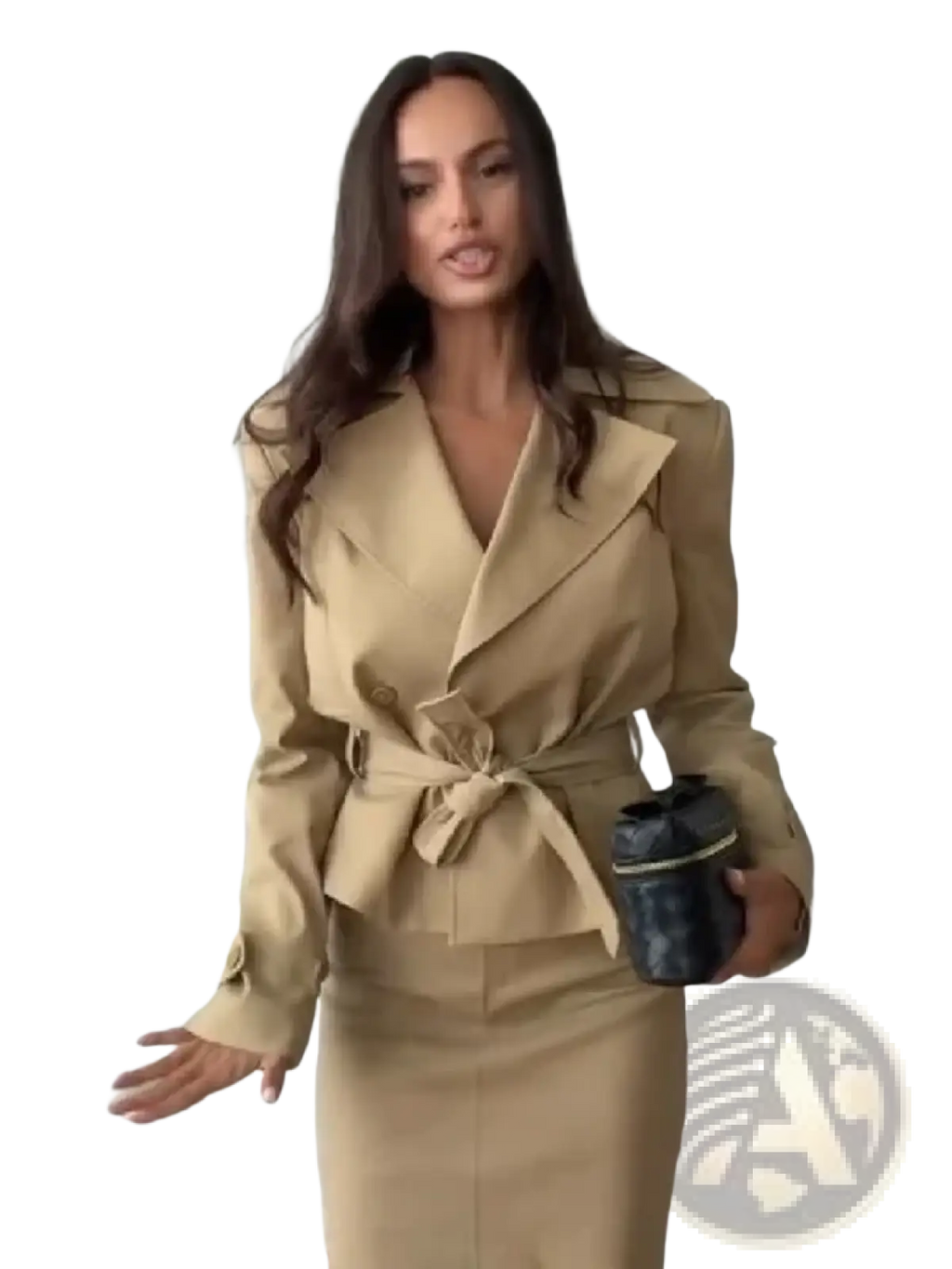Black textured clutch with gold trim complementing the trench co-ord skirt set for elegant occasions