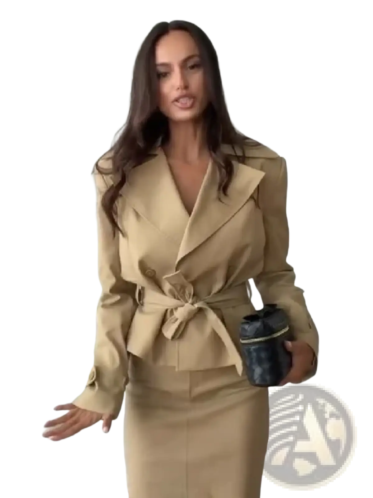 Black textured clutch with gold trim complementing the trench co-ord skirt set for elegant occasions