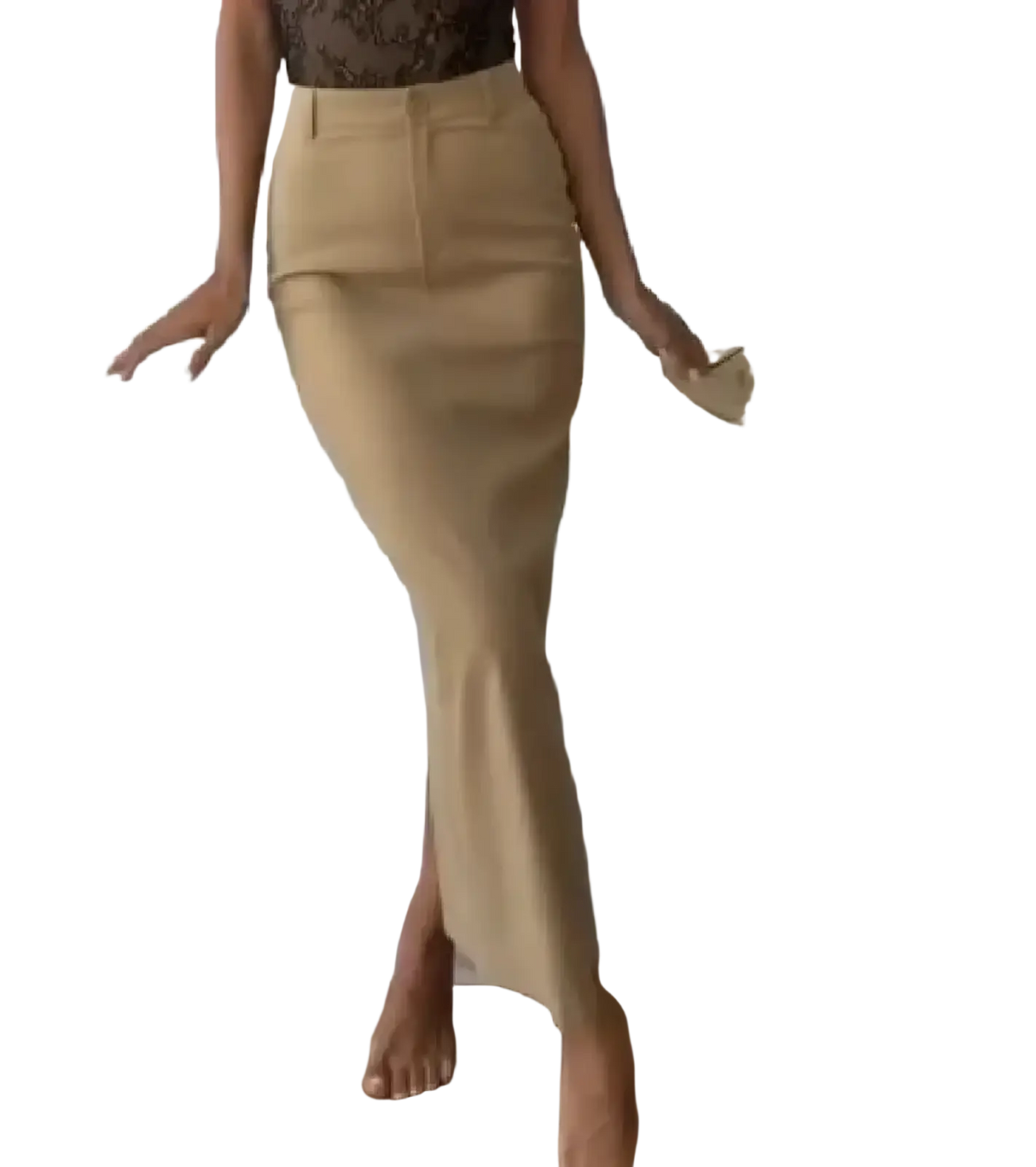 A high-waisted tan pencil skirt with a sleek form-fitting silhouette and subtle side slit from the trench co-ord skirt set