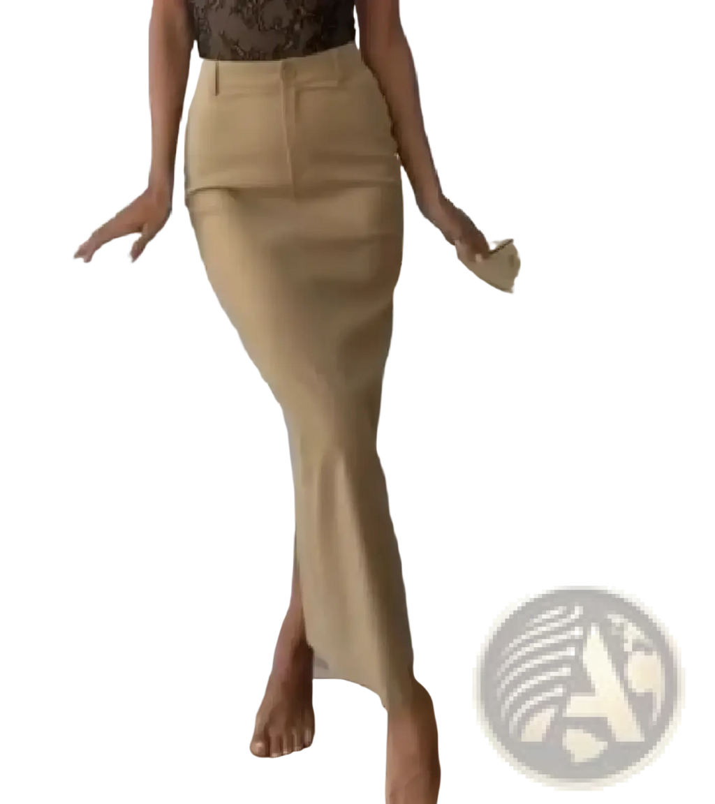 A high-waisted tan pencil skirt with a sleek form-fitting silhouette and subtle side slit from the trench co-ord skirt set