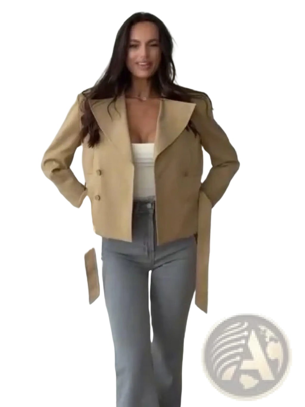 Tan double-breasted trench co-ord blazer with wide lapels and matching belt straps in a skirt set design