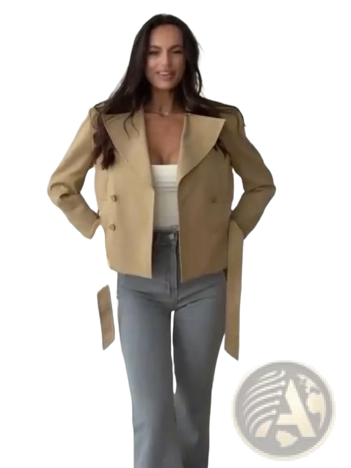 Tan double-breasted trench co-ord blazer with wide lapels and matching belt straps in a skirt set design