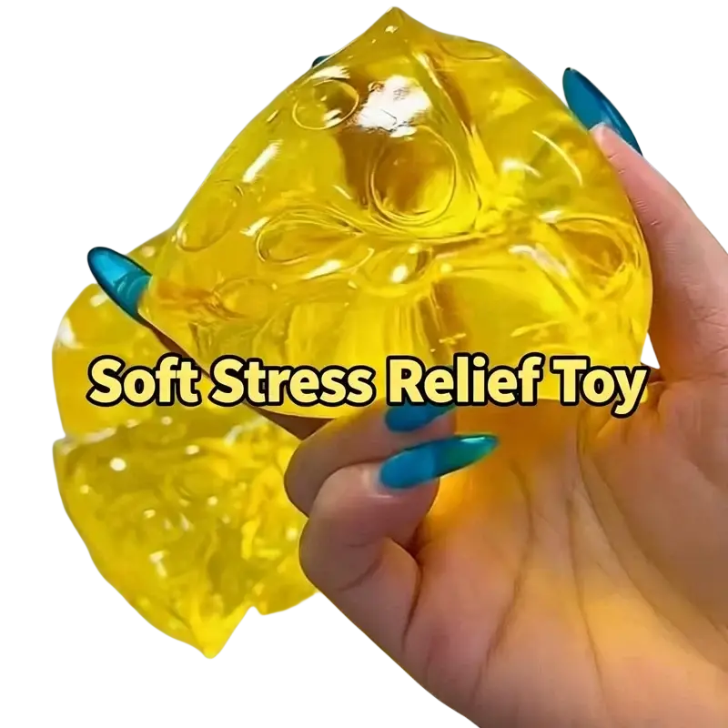 Translucent yellow gel mini triangle cheese fidget toy with embossed patterns for soft stress relief squeezing
