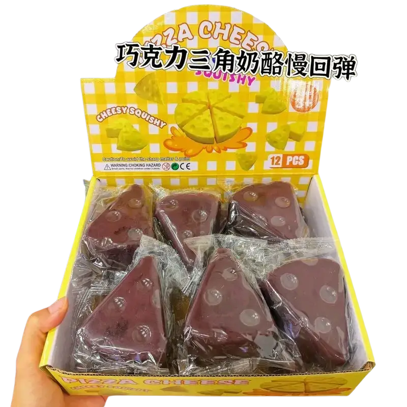 Triangle cheese slow rising squishy toy 12-piece set featuring chocolate-colored triangular cheese shapes with white dot details