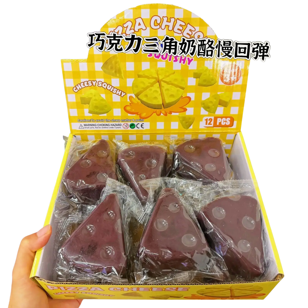 Chocolate triangle-shaped slow rising squishy toys with white dot details in clear plastic packaging set of 12
