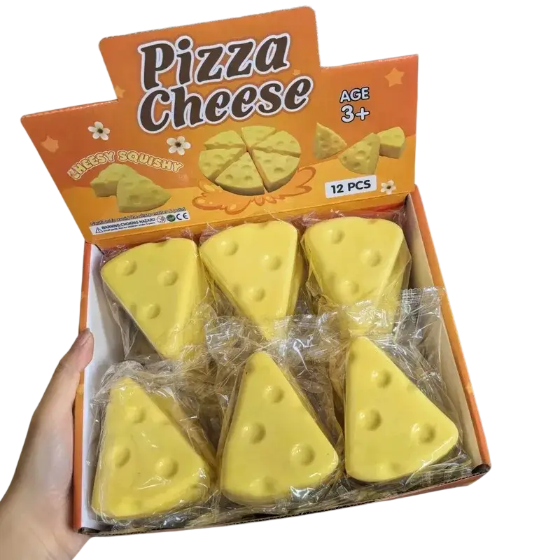 Triangle cheese slow rising squishy toy 12-piece set with yellow triangular pizza cheese shaped toys in a box