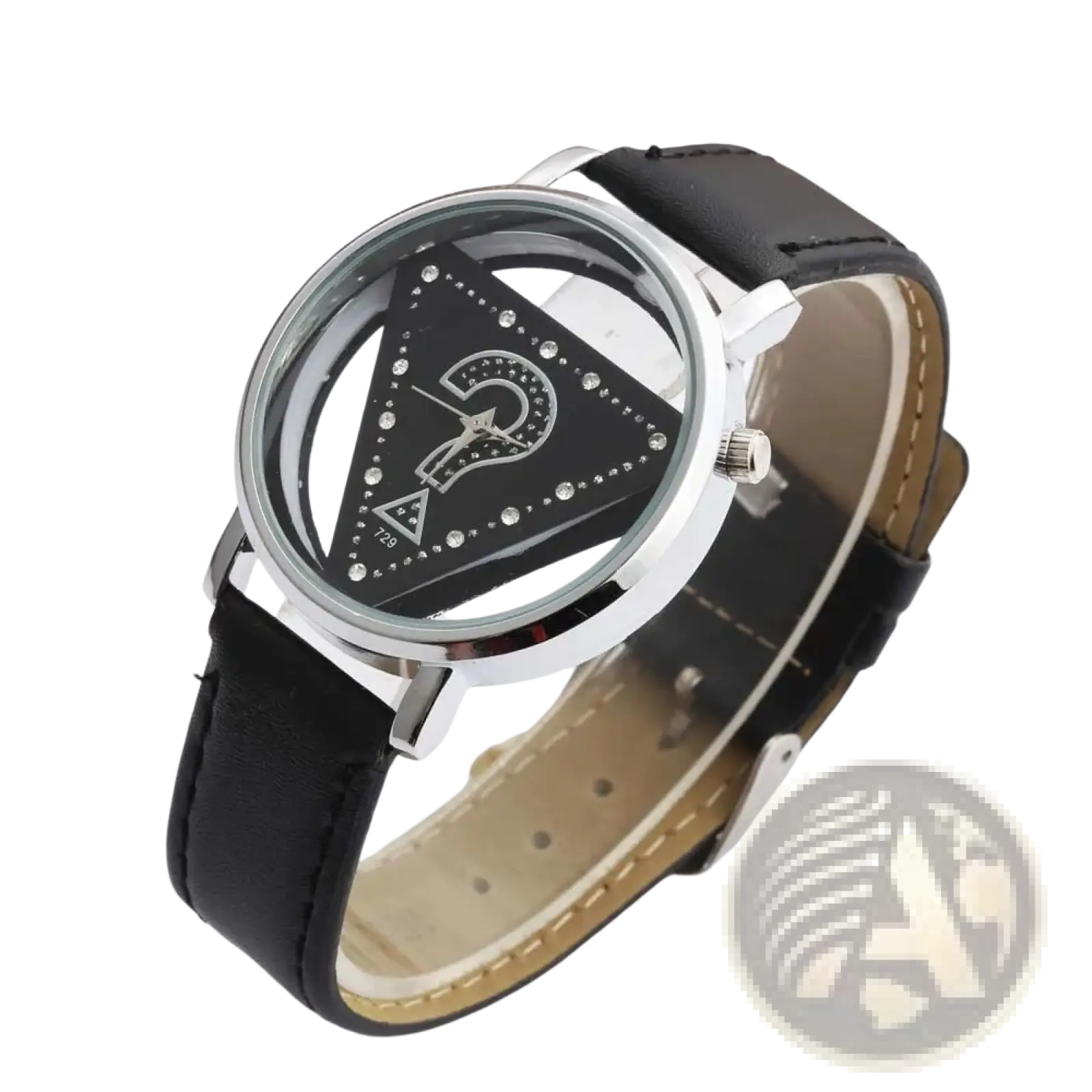 Triangle rhinestone women quartz leather watch with black leather strap silver case and black triangular dial with rhinestones