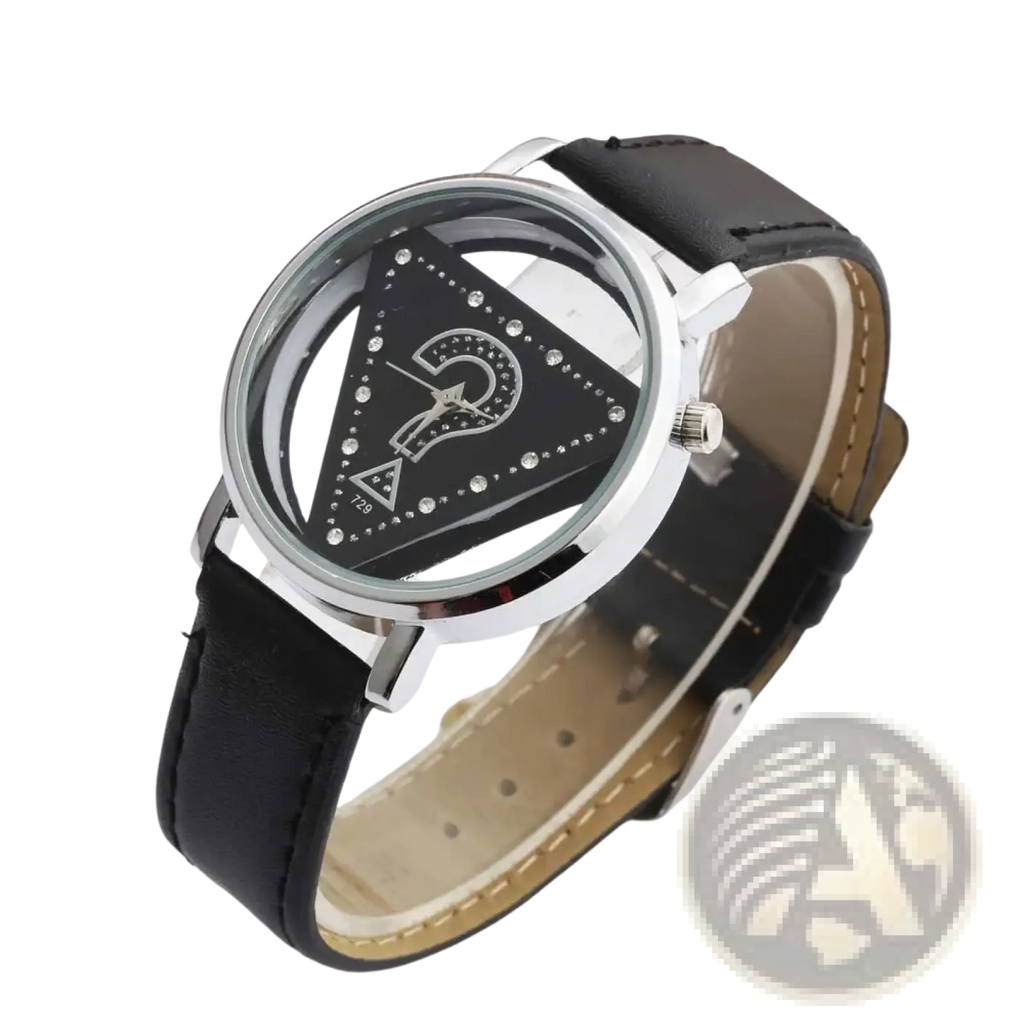 Triangle rhinestone women quartz leather watch with black leather strap silver case and black triangular dial with rhinestones