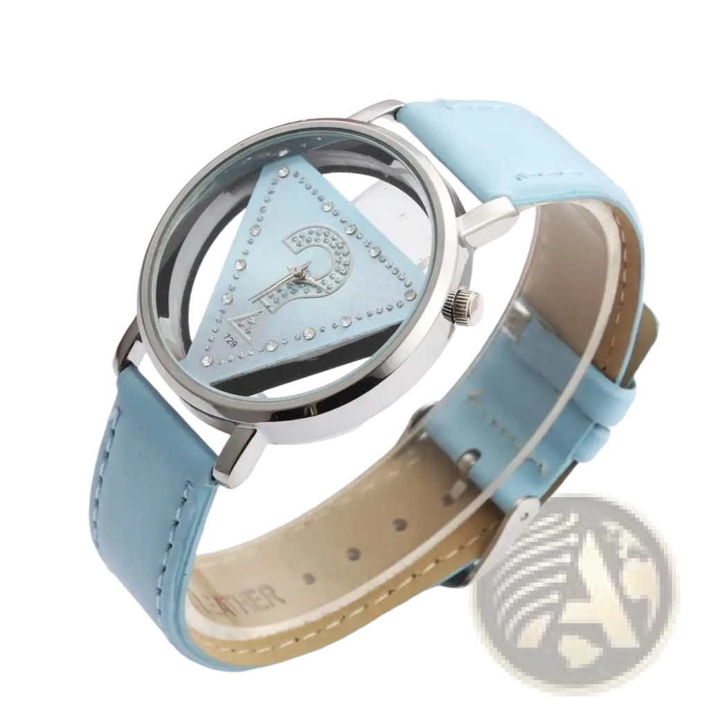 Light blue leather strap triangle rhinestone women quartz watch with silver-toned case and triangular face