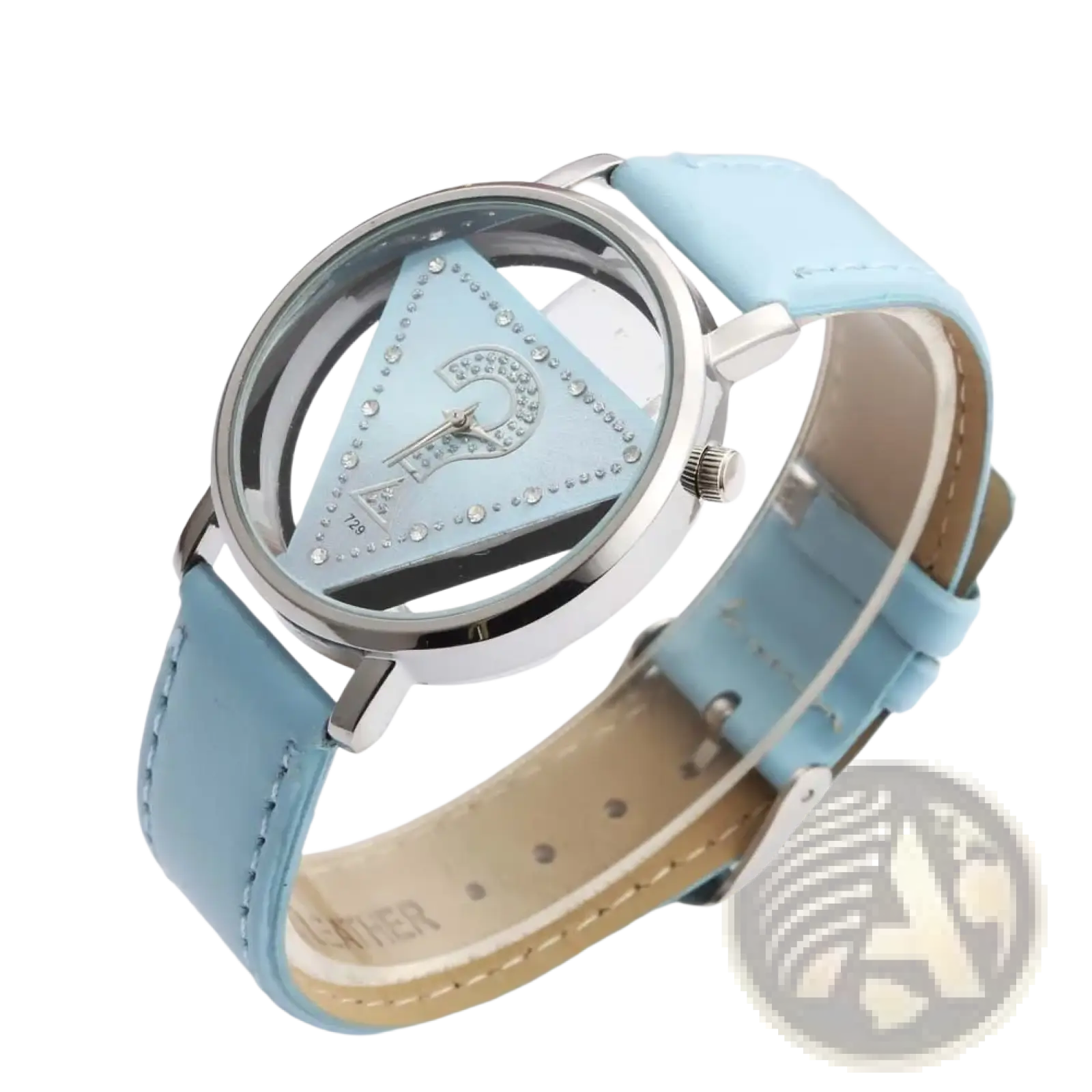 Light blue leather strap triangle rhinestone women quartz watch with silver-toned case and triangular face