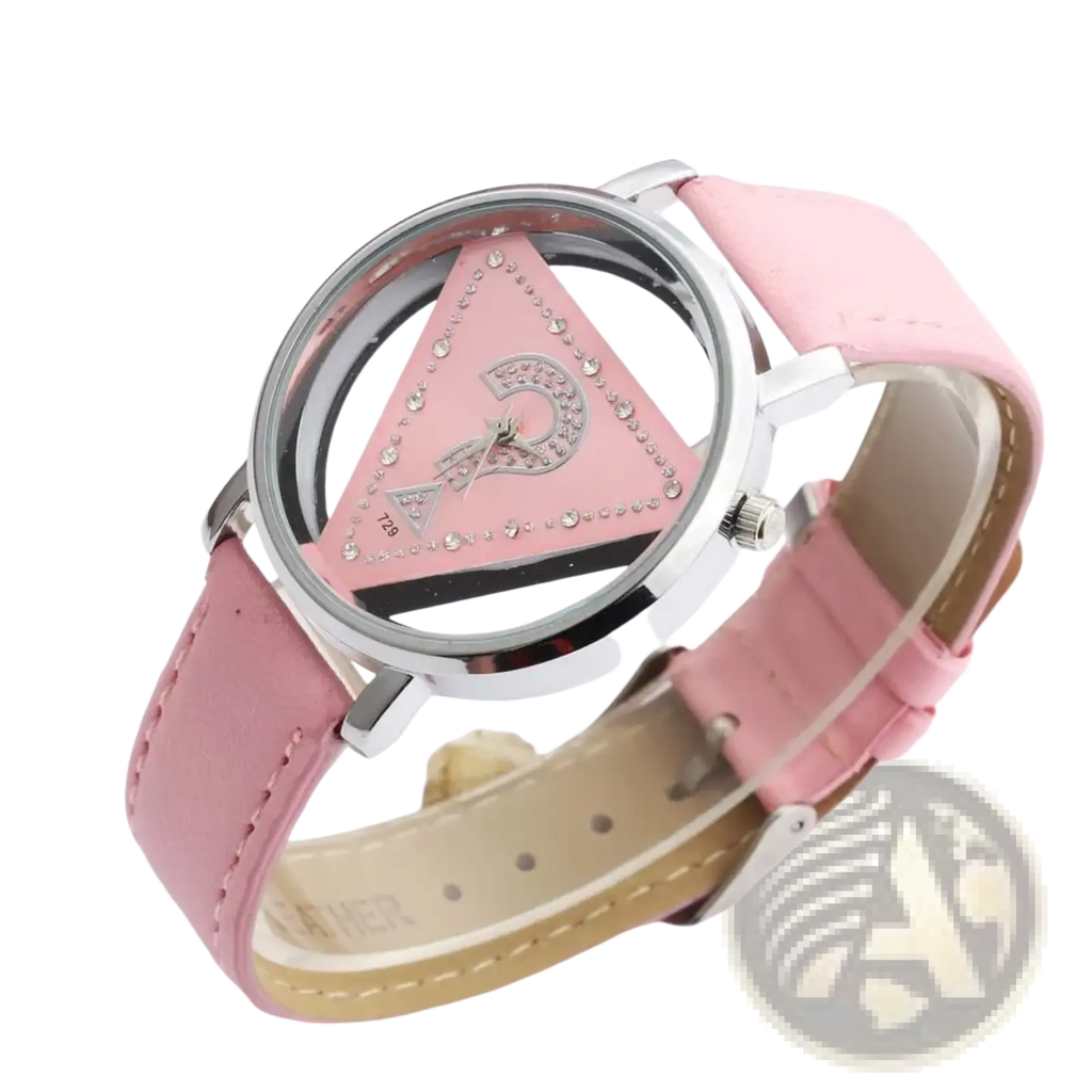 Triangle rhinestone women quartz leather watch with pink leather strap silver-toned case and pink triangular rhinestone dial