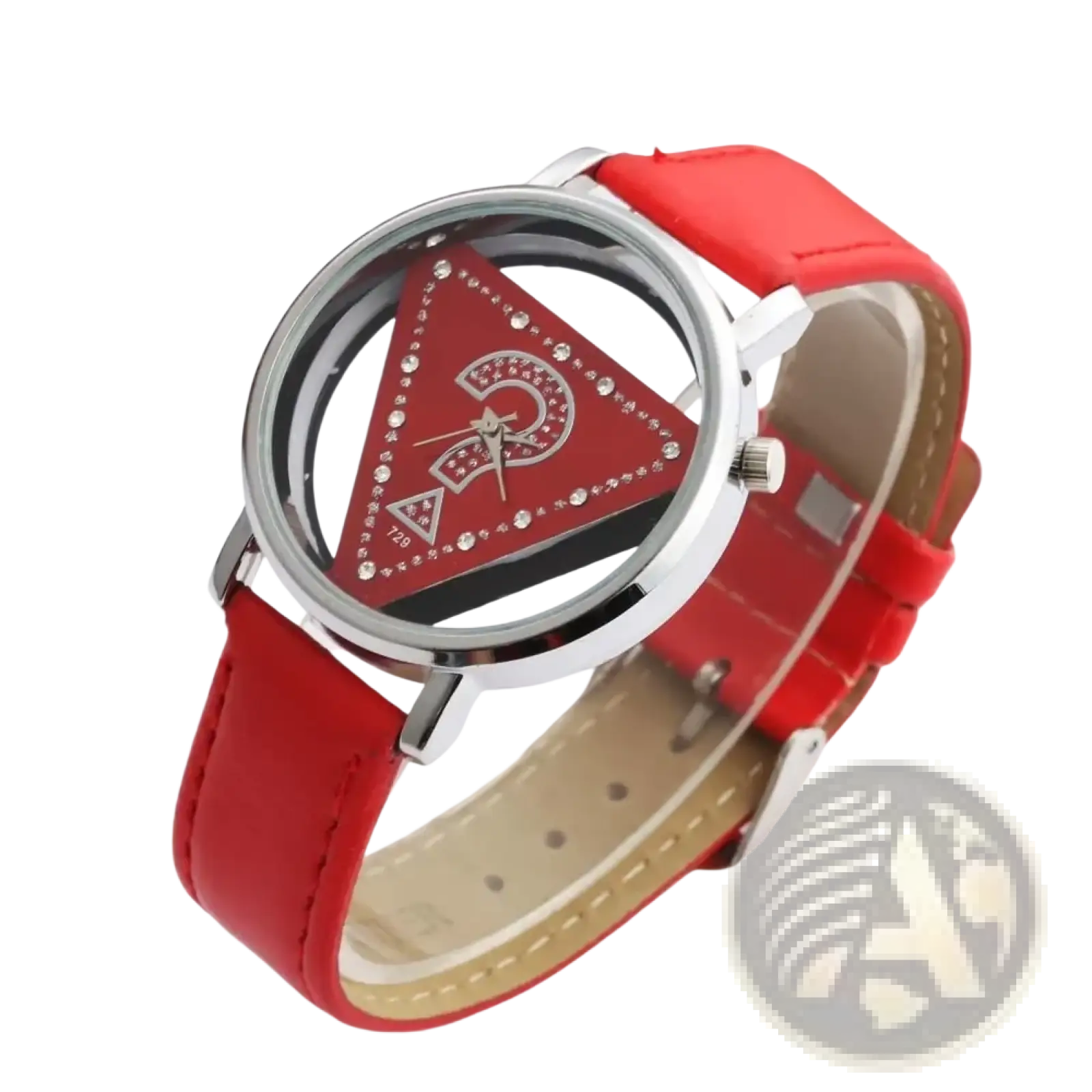 Triangle rhinestone women quartz leather watch with red leather strap and triangular red dial with silver accents and rhinestones