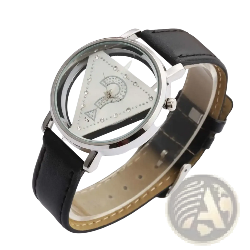 Silver-framed triangle rhinestone women quartz watch with black leather strap and sparkling dial decoration