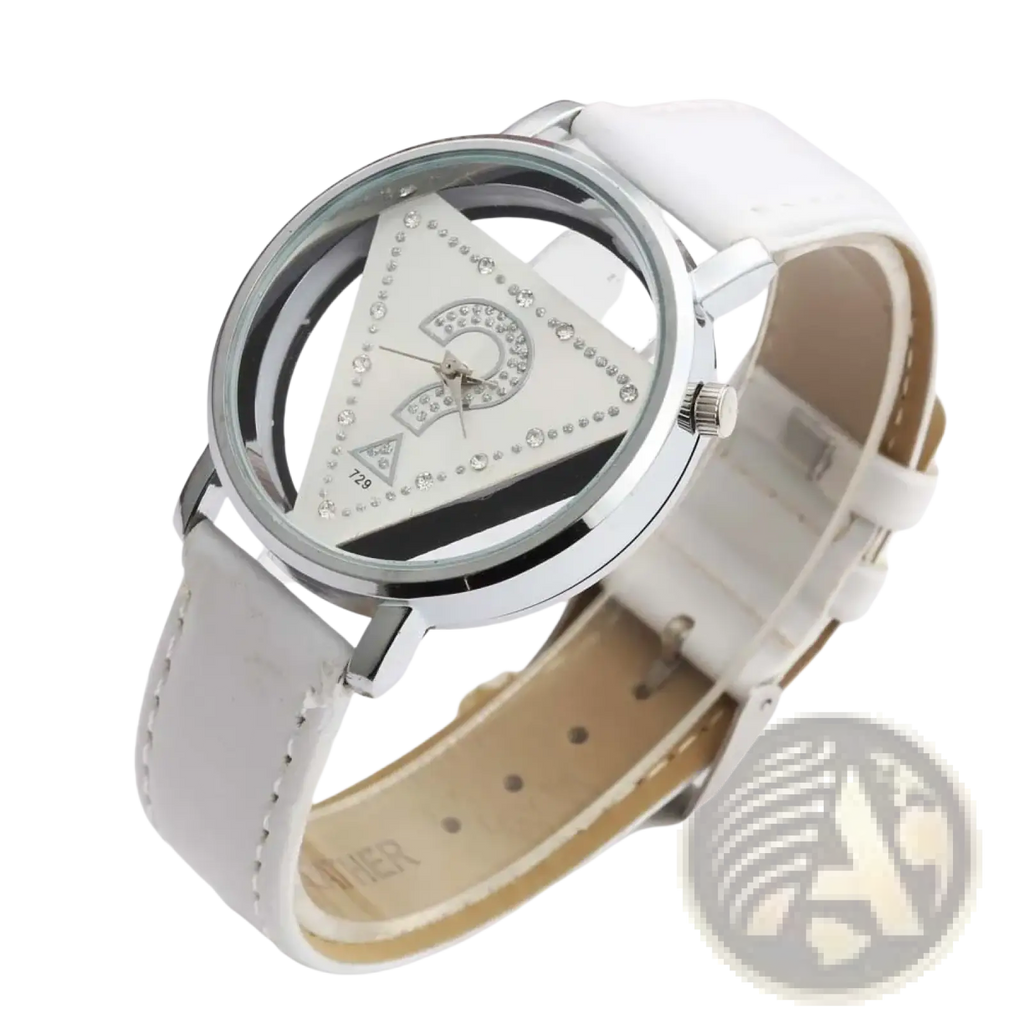 Triangle rhinestone women quartz leather watch with a white leather strap and silver-toned case with rhinestones