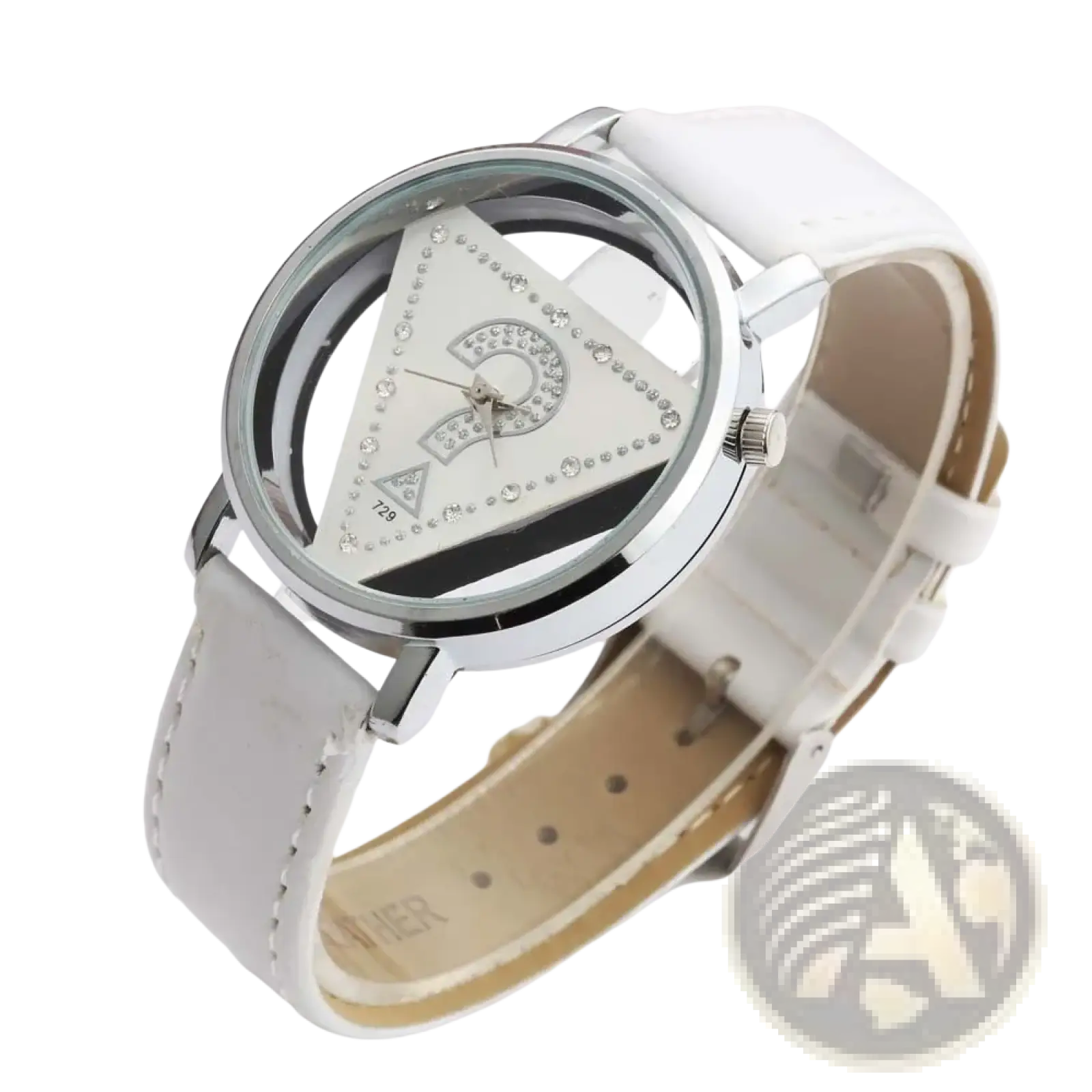Triangle rhinestone women quartz leather watch with a white leather strap and silver-toned case with rhinestones