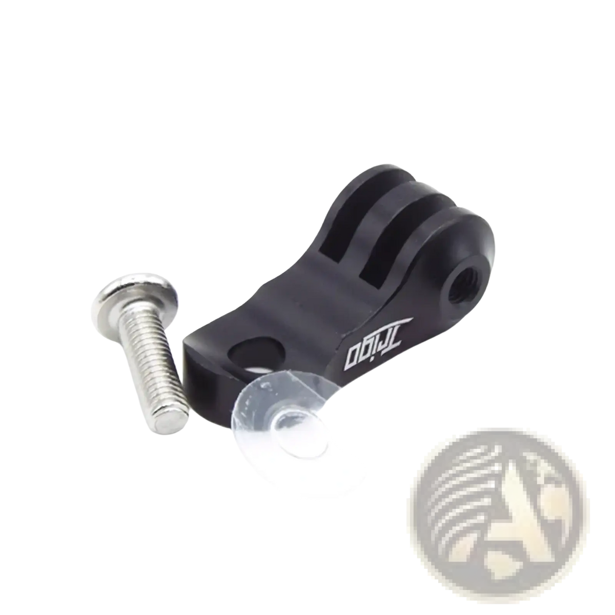 Black aluminum Trigo Brompton camera mount bracket with silver screw and clear adhesive pad for GoPro adapter