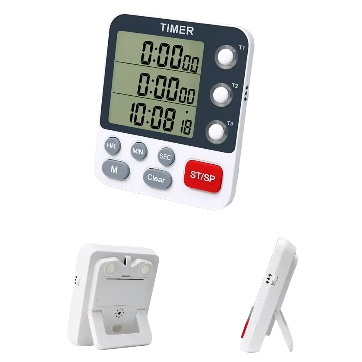 White triple channel digital kitchen timer with black display showing three time zones labeled t1 t2 t3 and control buttons