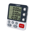 White digital triple channel kitchen timer with black display panel loud alarm and buttons for multiple time zones