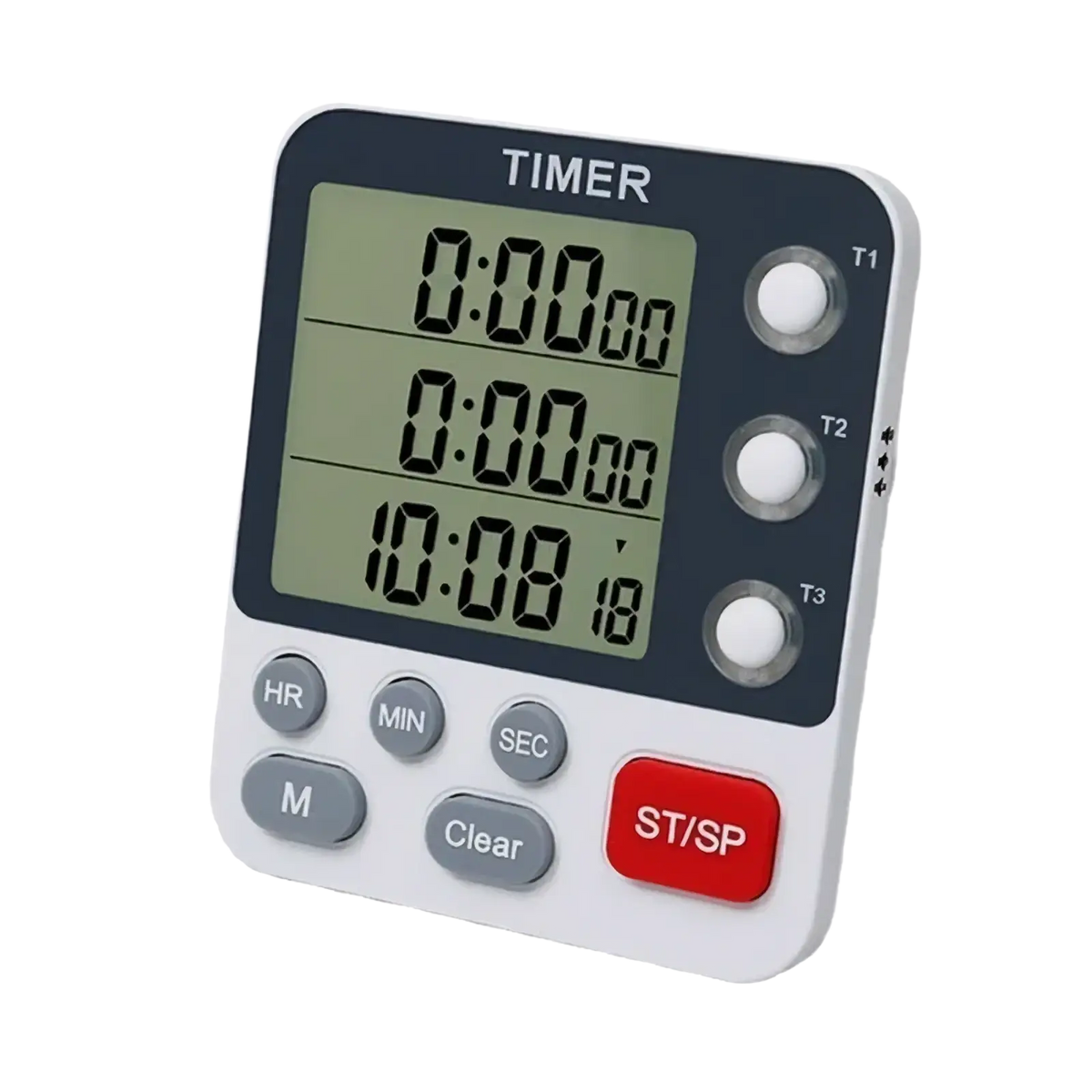 White digital triple channel kitchen timer with black display panel loud alarm and buttons for multiple time zones