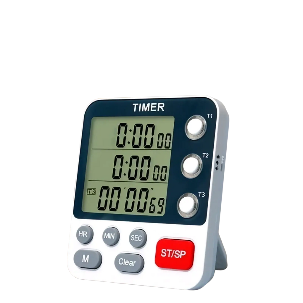 Triple channel digital kitchen timer white with navy blue display three time zones red start stop button and silver controls