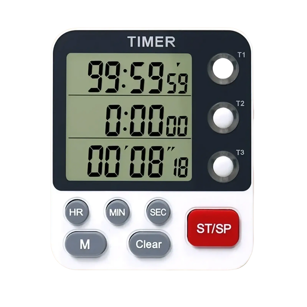 White and black triple channel digital kitchen timer with three display screens red start stop button and gray function buttons