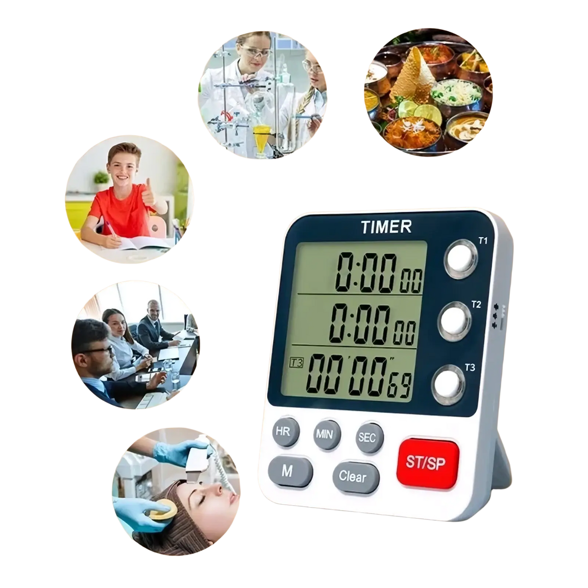 Triple channel digital kitchen timer with white and gray body and black display showing three time zones and control buttons