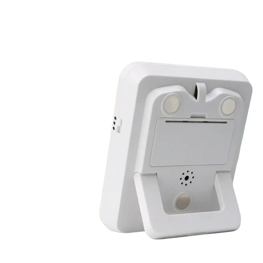 Back side of a white plastic triple channel digital kitchen timer with two circular sensor ports and loud alarm function