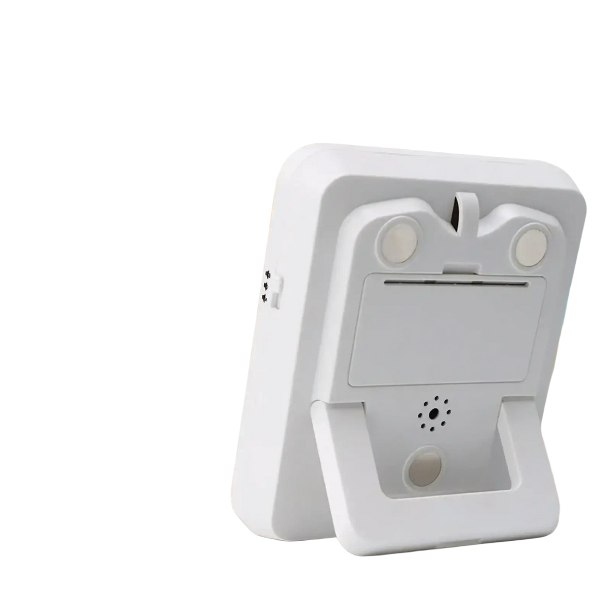 Back side of a white plastic triple channel digital kitchen timer with two circular sensor ports and loud alarm function