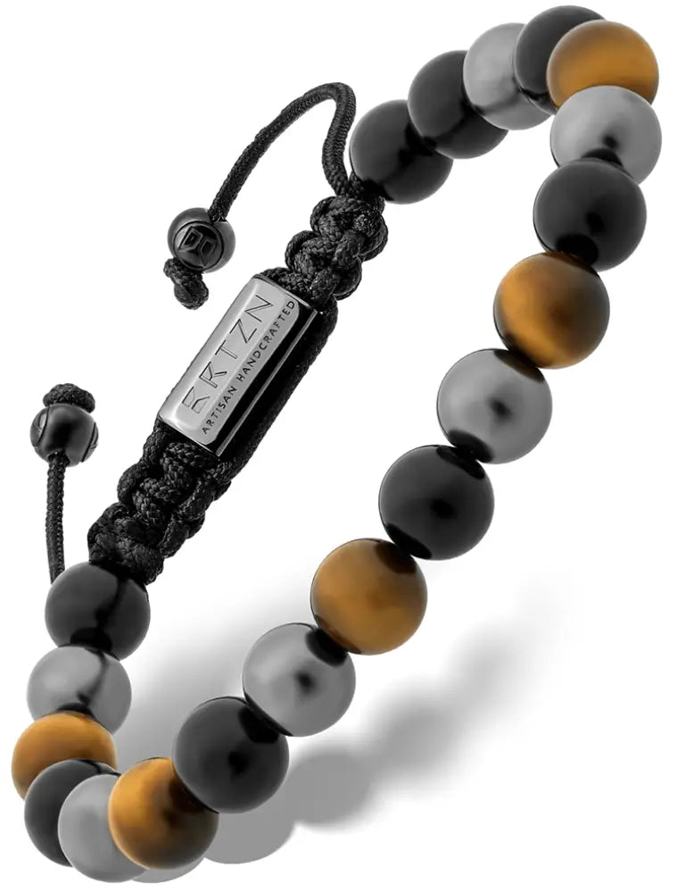 Black and gold tiger eye beaded bracelet for men with silver-toned clasp engraved kyzn artisan handcrafted